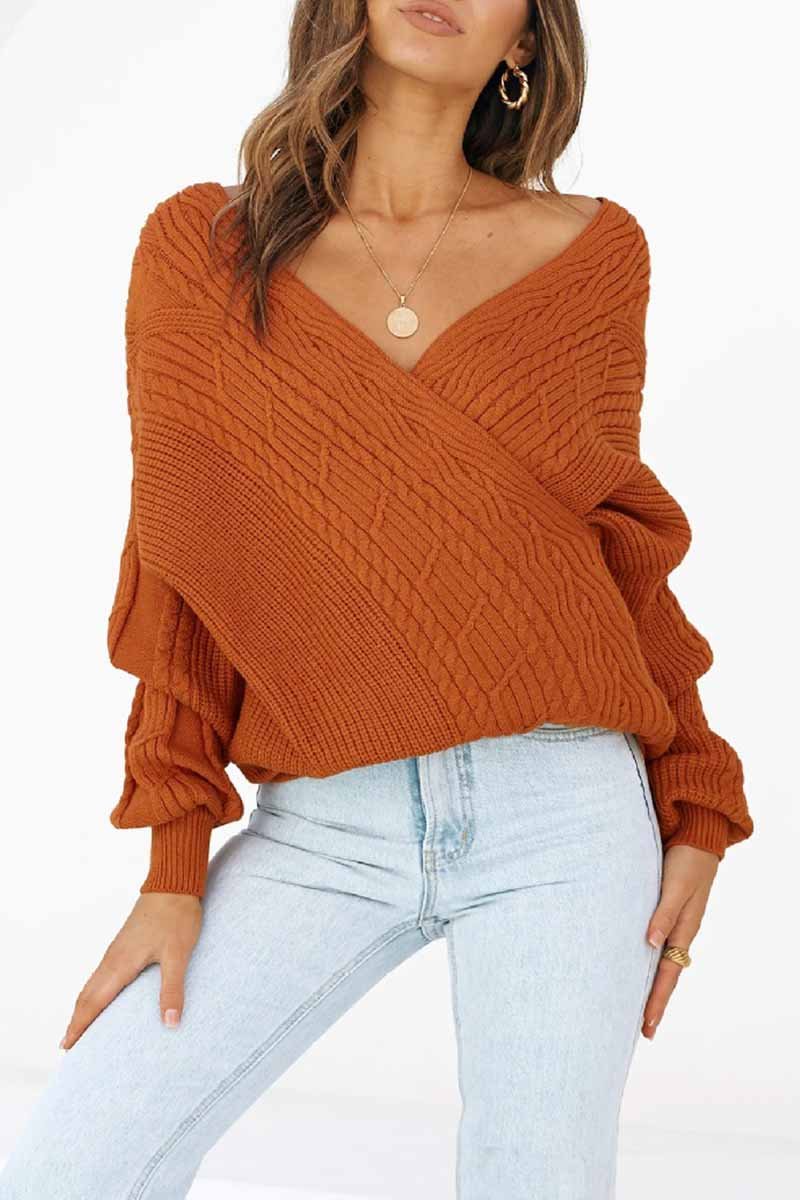 Florcoo Sexy V-neck Off-shoulder Sweater Casual Sweater