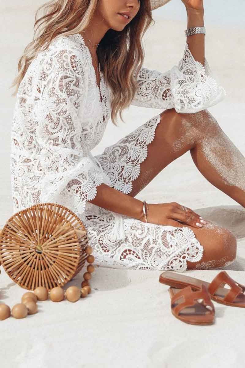 Florcoo Sexy Lace Long-sleeved V-neck Swimwear Cover-up