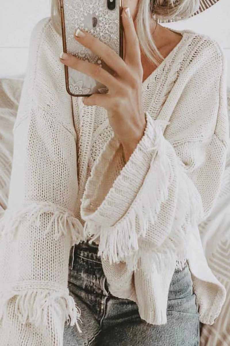 Florcoo Solid Color Knitted Tassel Sweater