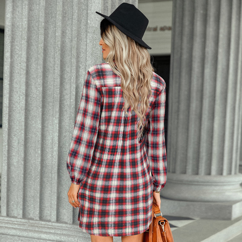 Fashion Long Sleeve Check Tartan Waistband Mini Shirt Dress