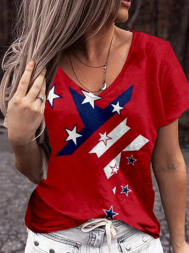 Casual V Neck US Flag Printed T Shirt