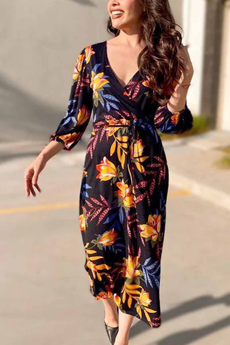 Florcoo Stitching Flower Picture Double V-neck Midi Dress