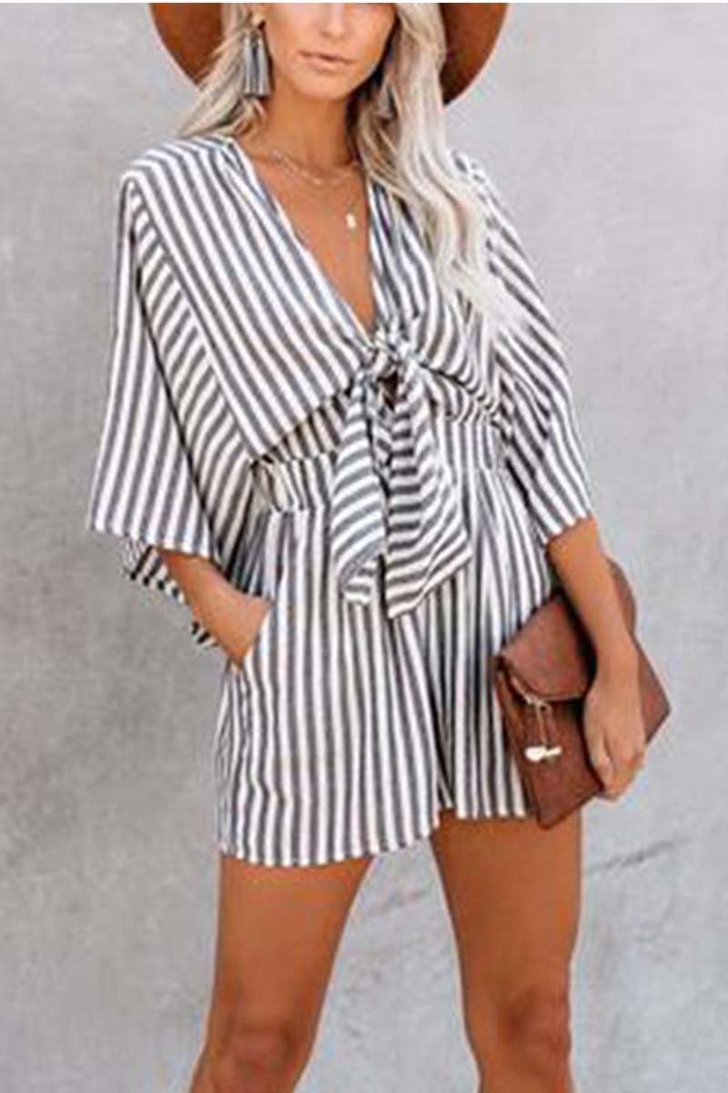 Florcoo Striped Short Sleeve Loose Jumpsuit