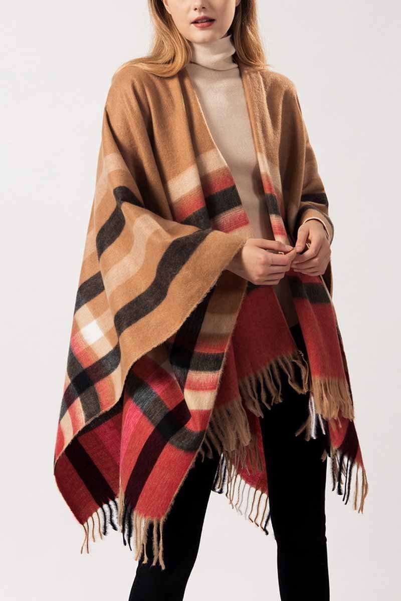 Essential Grid Loose Tassel Shawl Cloak(2 Colors)