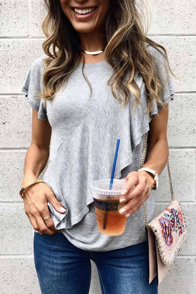 Florcoo Solid Color Loose Ruffled Casual T-shirt
