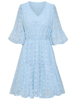 V-Neck Short Sleeve Swiss Dot Pleated Chiffon Mini Dress