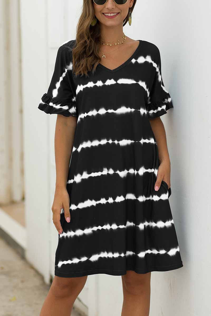 Florcoo Striped Tie-dye Casual Loose Dress With Pocket
