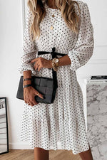 Elegant White Black Dot Print Round Neck Tie Midi Dress