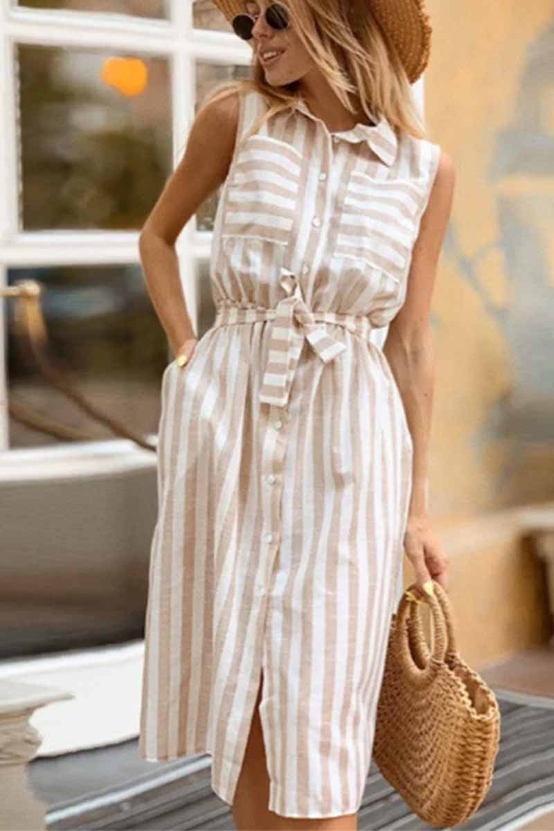 Lapel Striped Pockets Mini Dress