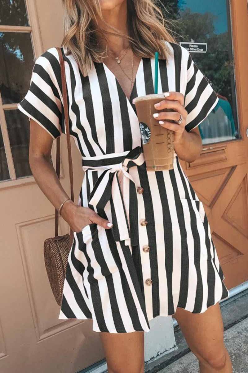 Florcoo V-neck Button Striped Dress ( 2 Color)