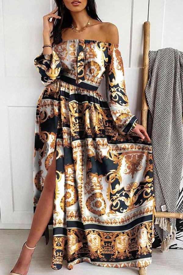 Primrose Path Baroque Print Off Shoulder Maxi Dress