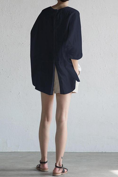 O Neck Slit Back Loose Linen Blouse