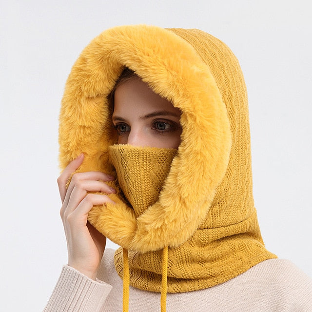 3-in-1 Hooded Knitted Winter Fur Cap Mask Set