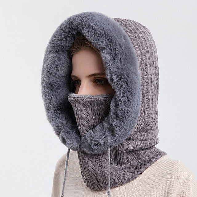 3-in-1 Hooded Knitted Winter Fur Cap Mask Set
