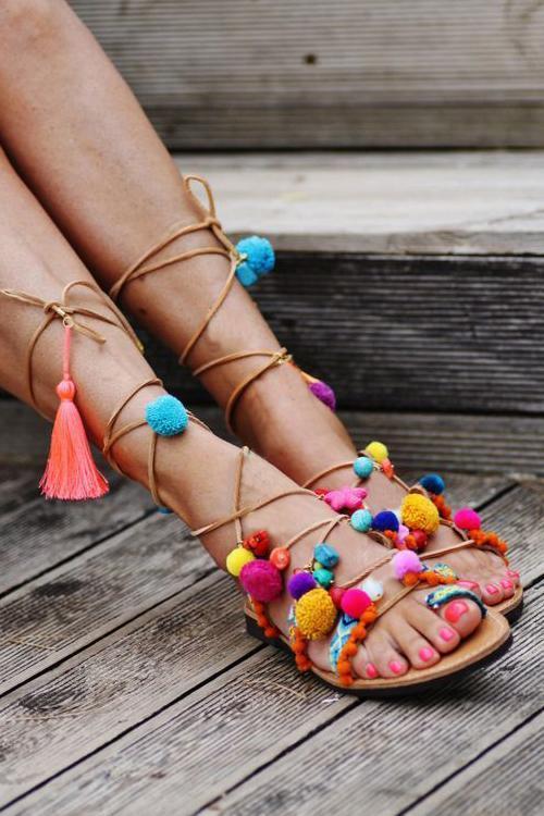 Pom Pom Lace Up Flat Sandals