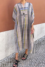 V Neck Batwing Sleeve Striped Kaftan Dress