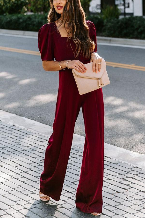 Sqaure Neck Puff Short Sleeve Jumpsuits