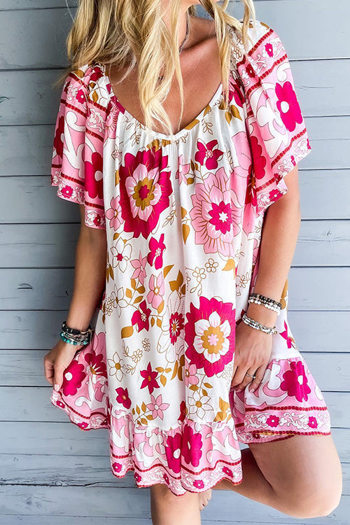 V Neck Flare Sleeve Floral Ruffle Swing Dress