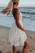 V-Neck Lace Embroidered White Dress