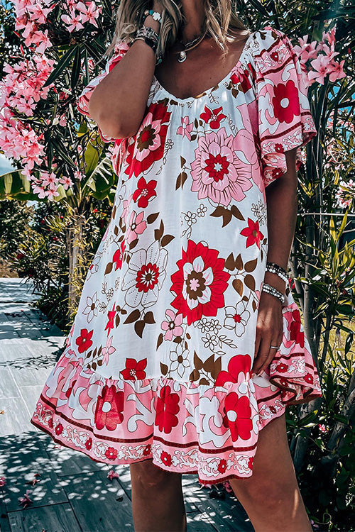 V Neck Flare Sleeve Floral Ruffle Swing Dress