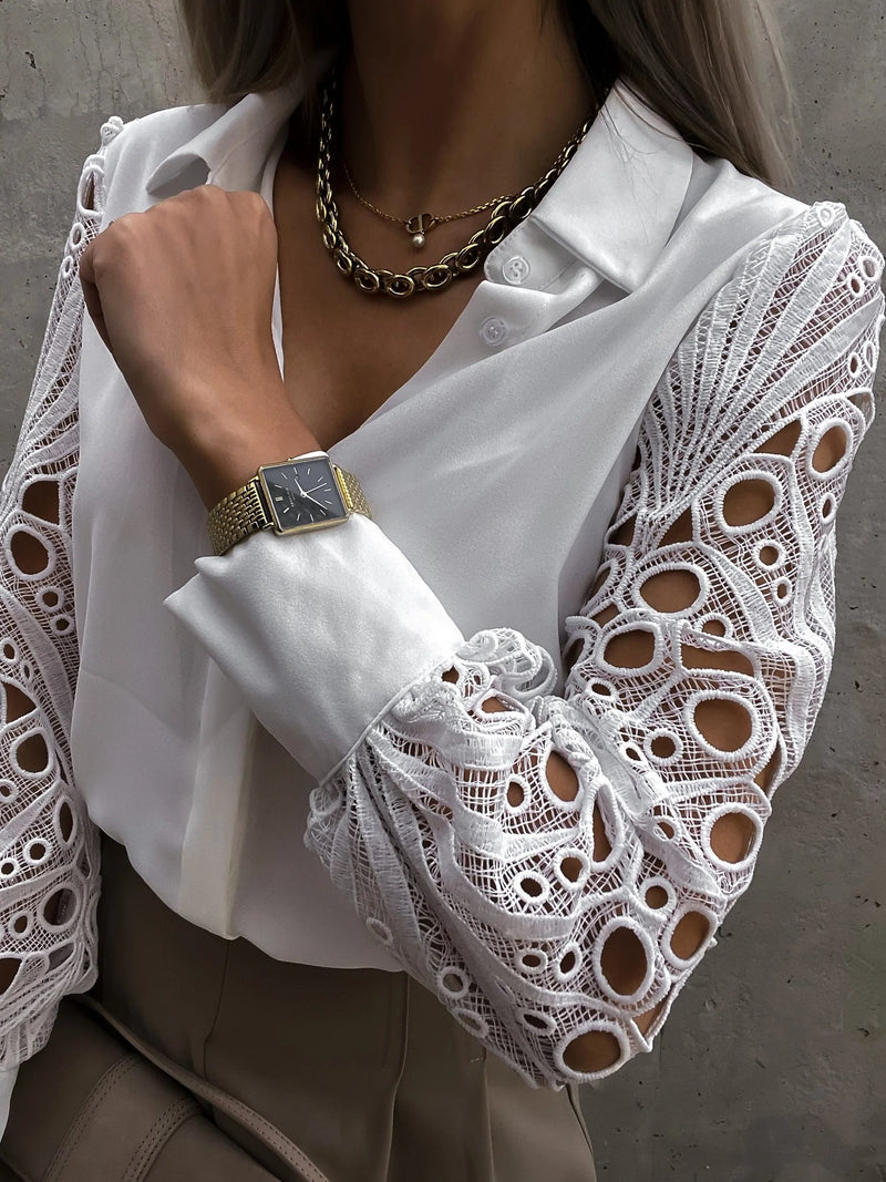 Casual V-Neck Lace Long Sleeve Lantern Shirt Blouse