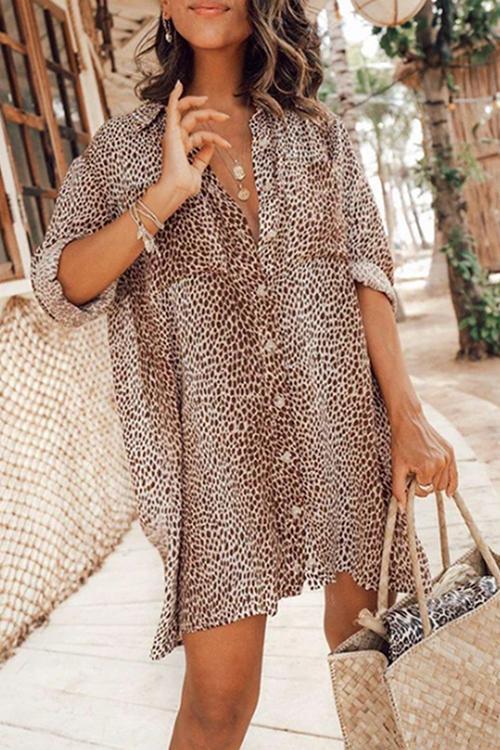 Leopard Button Shirt Mini Dress