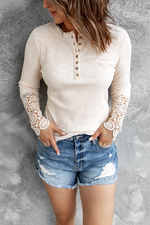 Button Lace Patchwork Long Sleeve T Shirt