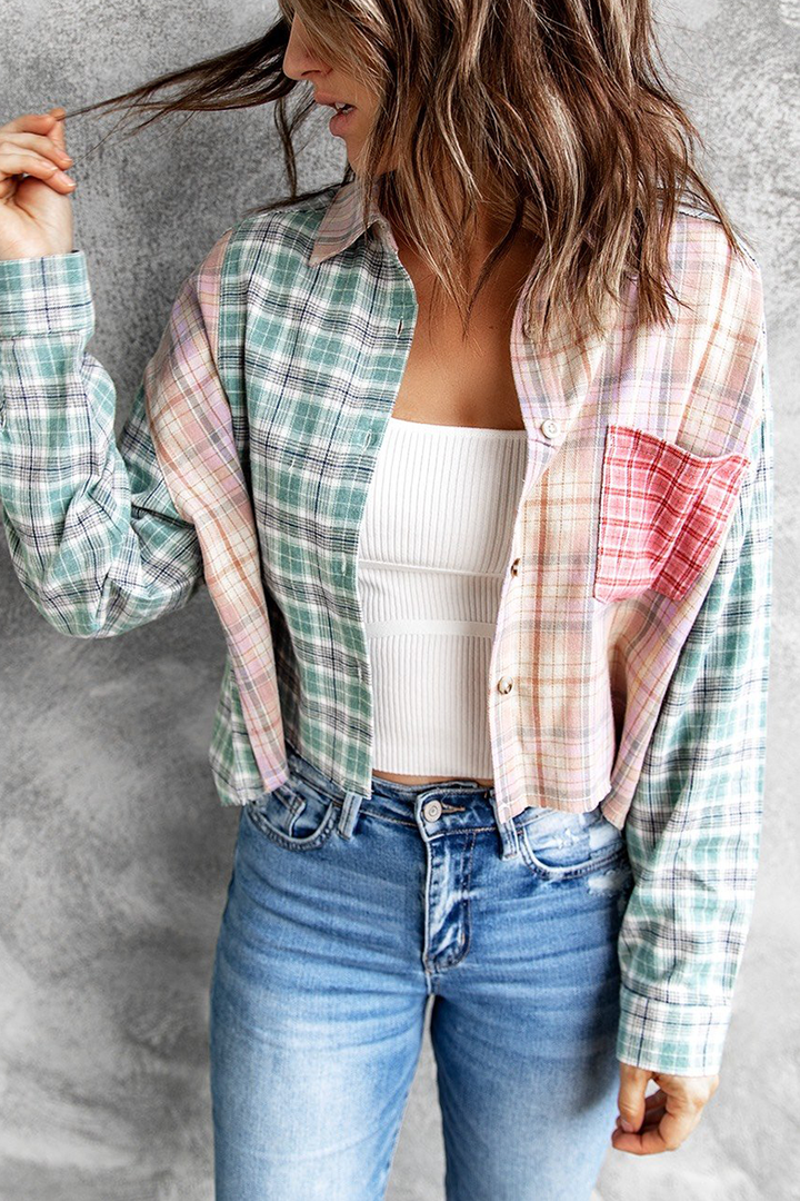 Color Block Plaid Shorts Shirt Jackets