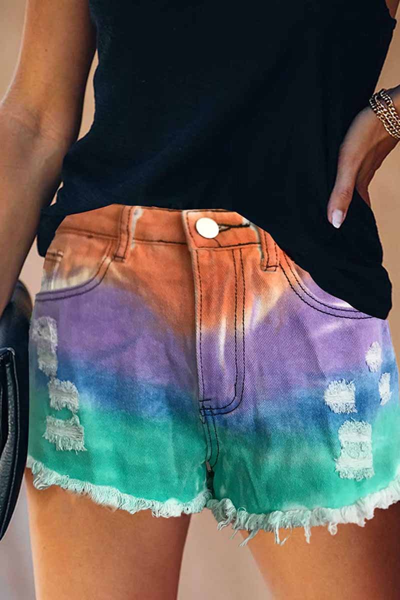 Florcoo Summer Tie-Dye Color Denim Shorts