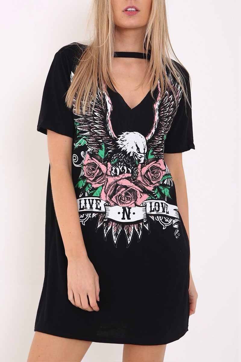 Florcoo Women's Choker Cutout V-Neck Eagle Printed Short Sleeve Mini T-Shirt Dress