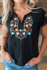 Florcoo Spring And Summer Retro Embroidery Short Sleeves Tops
