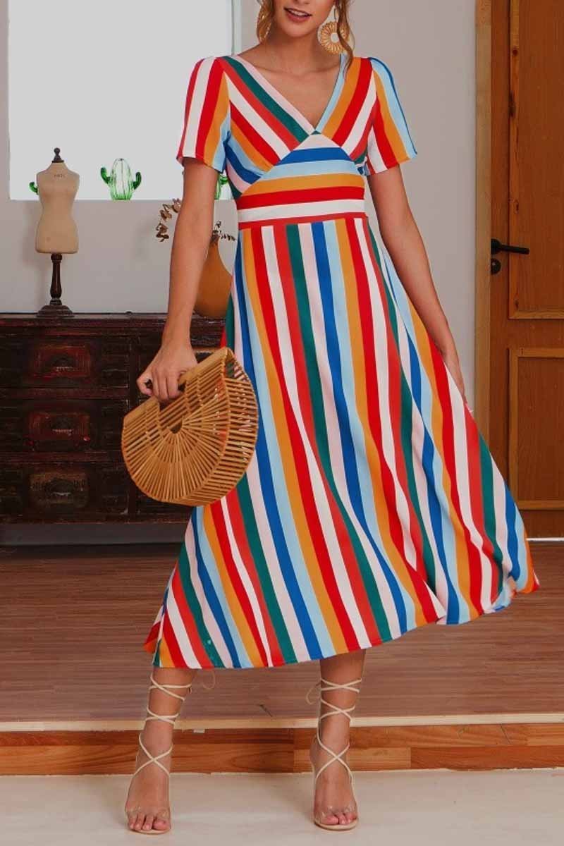 Florcoo V Neck Striped Women Love Midi Dress