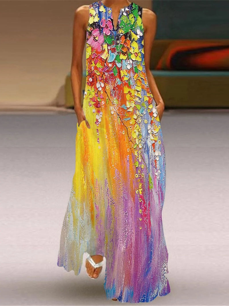 Casual Sleeveless V Neck Colorful Long Maxi Dress