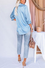 Blue Moon Satin Embossed Button Down Blouse