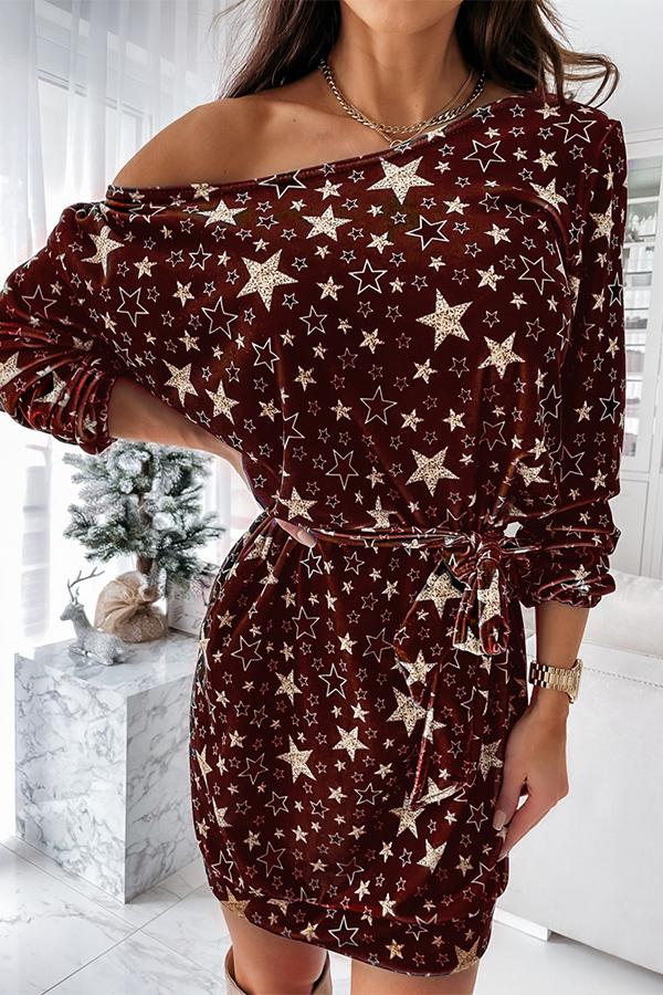 Christmas Casual Print Star Tie Dress