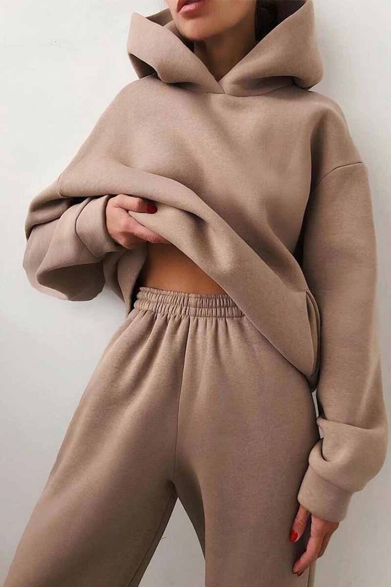 Florcoo Two-Piece Solid Color Casual Hooded Sweater