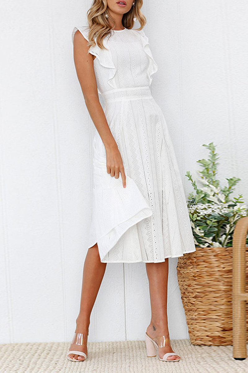 Elegant Flounce Lace Design Mid Calf Dress(2 Colors)