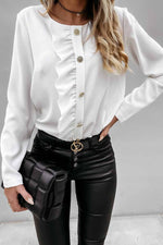 Florcoo Solid Color Long-Sleeved Ruffled Button Shirt Tops