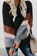 Florcoo V-Neck Lantern Sleeve Striped Color-Block Sweater