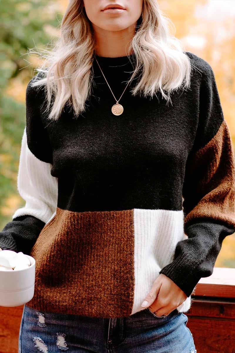 Contrasting Color High Neck Knitted Sweater