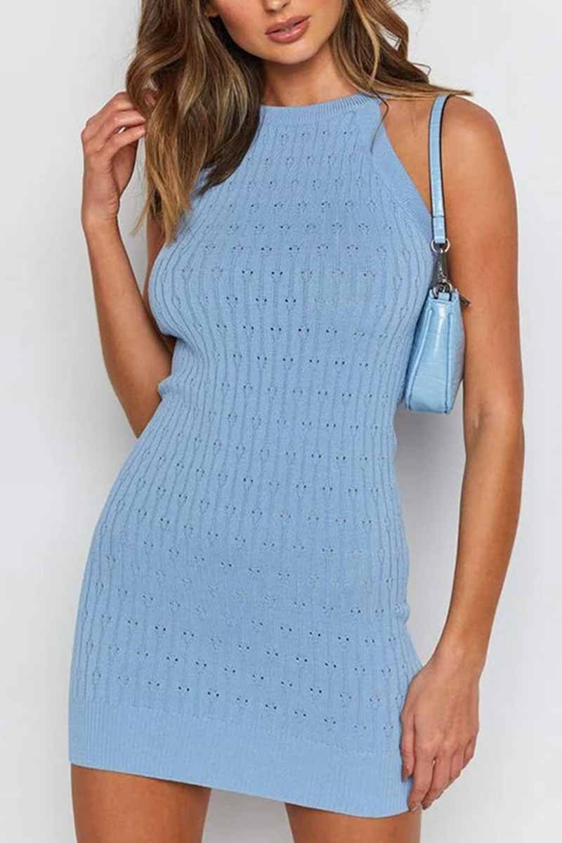 Florcoo Sexy Solid Color Sleeveless Striped Knitted Bag Hip Mini Dress