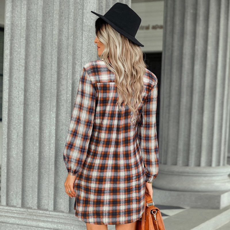 Fashion Long Sleeve Check Tartan Waistband Mini Shirt Dress