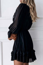Florcoo Sexy Black Lace Puff Sleeve V-Neck Lace Mini Dress
