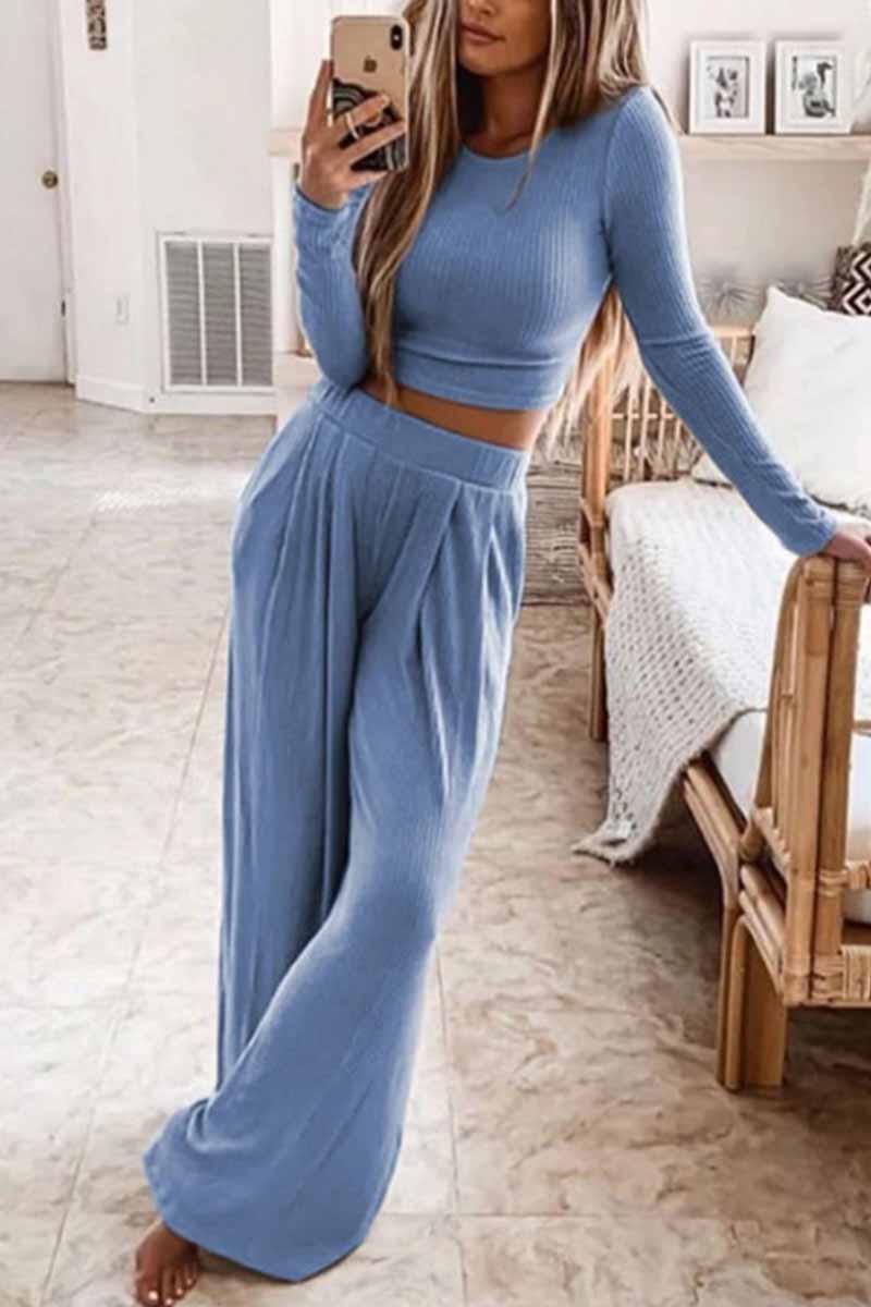 Florcoo Two-Piece Round Neck Solid Color Long Sleeves Wide Legs(4 Colors)