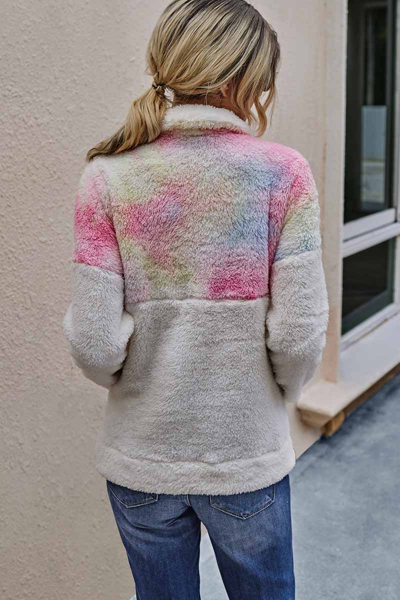 Florcoo Tie-dye Stitching Plush Top With Pockets