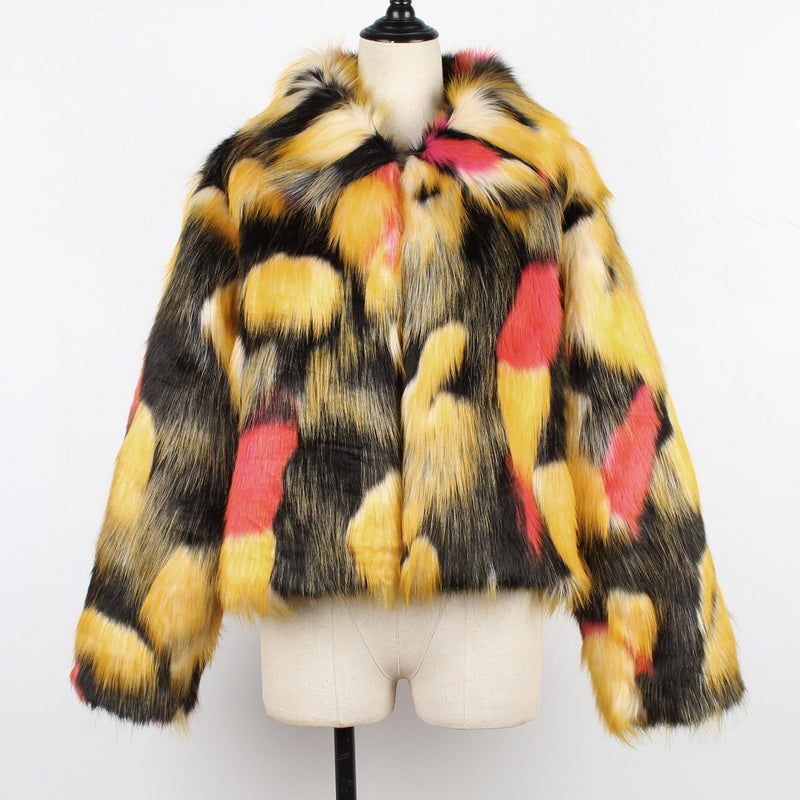 Contrast print faux fur coat