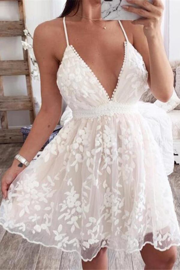 V-Neck Lace Embroidered White Dress