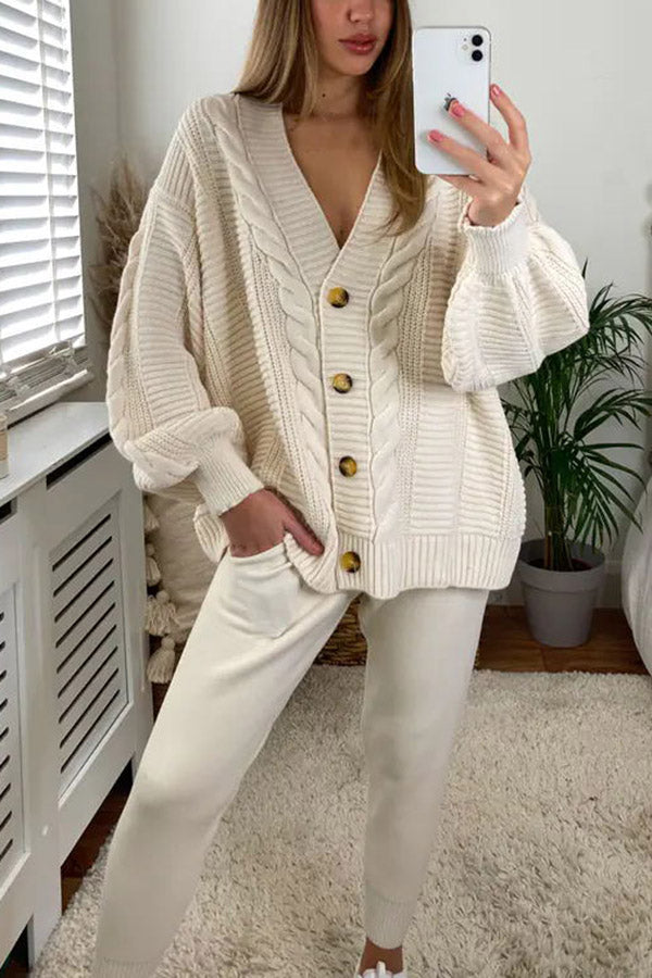 Cozy Island Pocketed Cable Knit Casual Loungewear Set