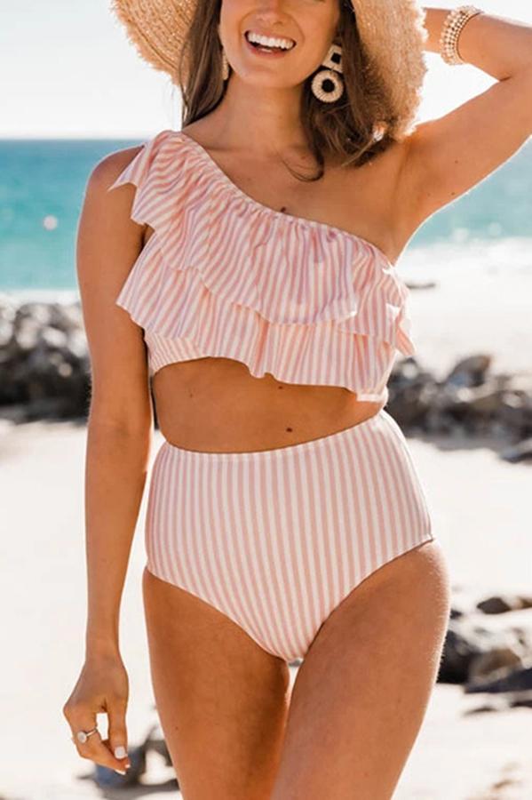The Bermuda Striped Ruffle One Shoulder Bikini