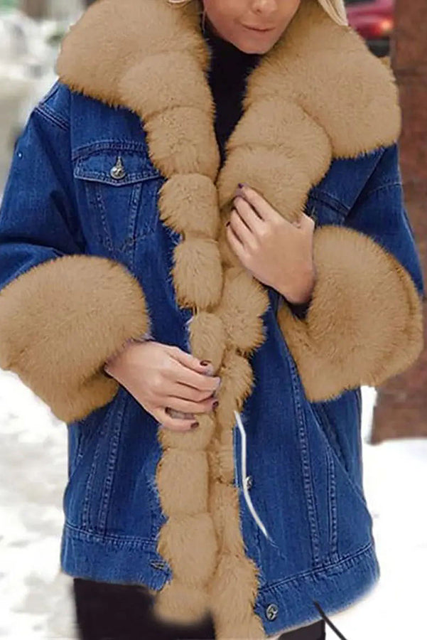 Warm Cozy Denim Fur Parka Casual Coat